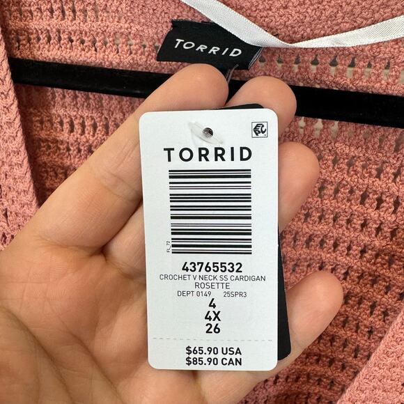 Torrid Plus Size Rose Pink Crochet V-Neck Summer Knit Button Cardigan Size 4X - Picture 5 of 8